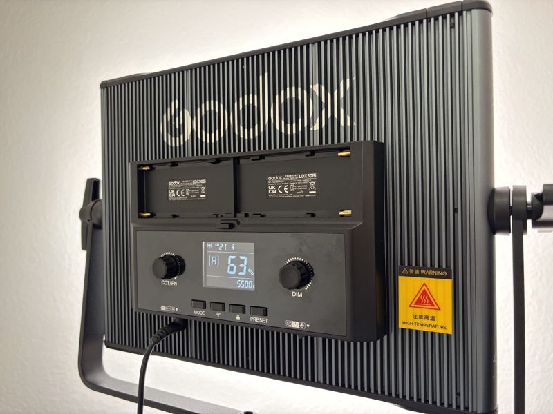 Back of the Godox LDX50Bi LED panel showing the brightness and colour temperature controls
